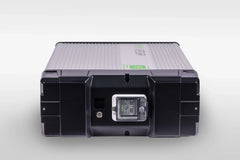 Green Vista Living inverter with digital display and black metal casing, front view