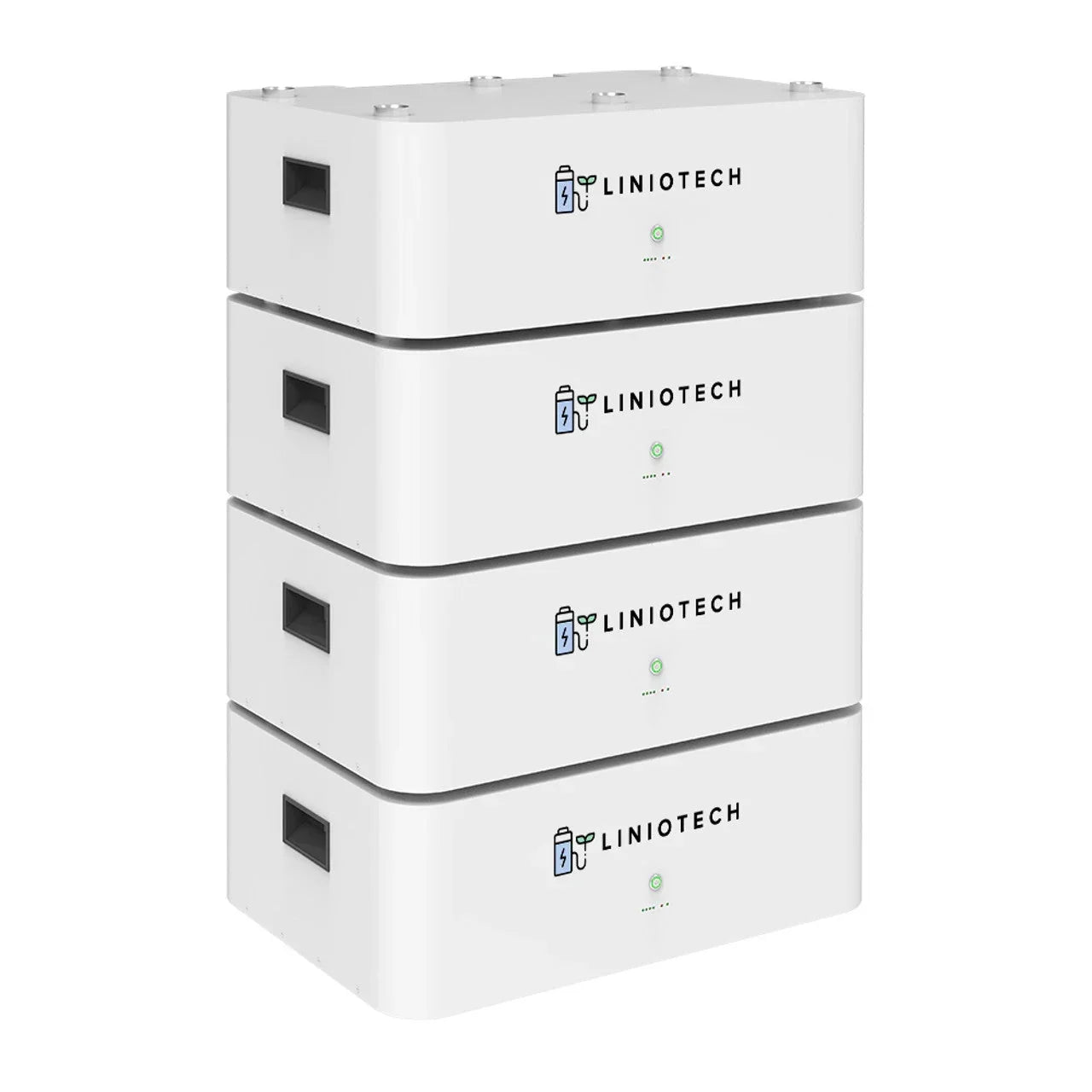 Liniotech stackable white battery modules with LED indicators and side handles