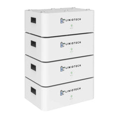 Liniotech stackable white battery modules with LED indicators and side handles