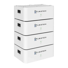 Liniotech stackable white battery modules with LED indicators and side handles
