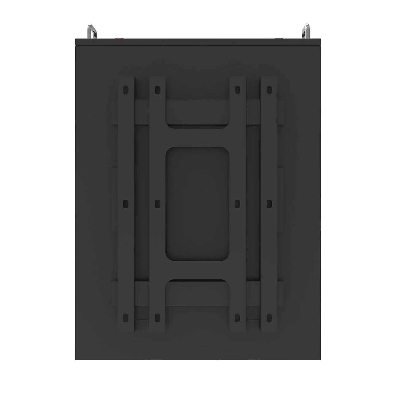 Back view of black inverter battery case with mounting bracket and screw holes
