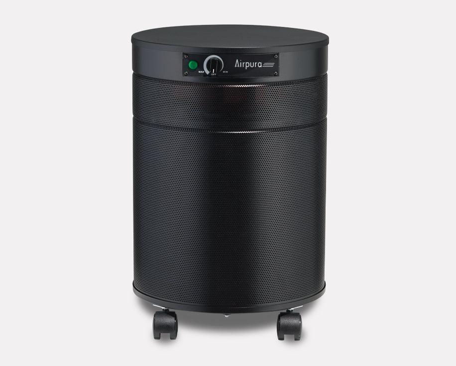 Airpura black cylindrical air purifier with control knob and casters for easy movement