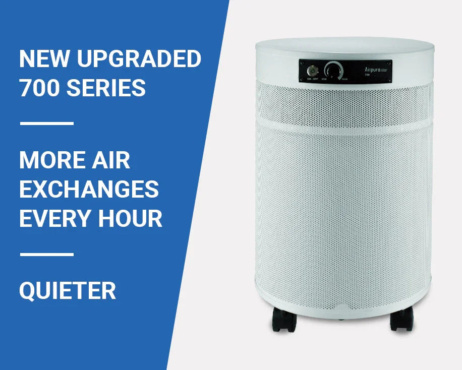 Airpura 700 Series white air purifier with control panel and wheels, efficient and quieter design