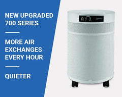 Airpura 700 Series white air purifier with control panel and wheels, efficient and quieter design