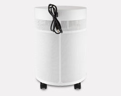White cylindrical air purifier with mesh design, caster wheels, and power cord on back