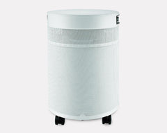 White portable air purifier with perforated metal body and wheels for easy movement