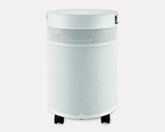 White cylindrical air purifier with mesh design and wheels, isolated on white background