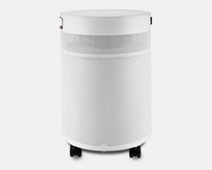 White cylindrical air purifier with mesh exterior and caster wheels on the bottom
