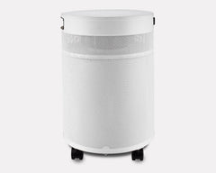 Airpura white portable air purifier with perforated metal body and caster wheels