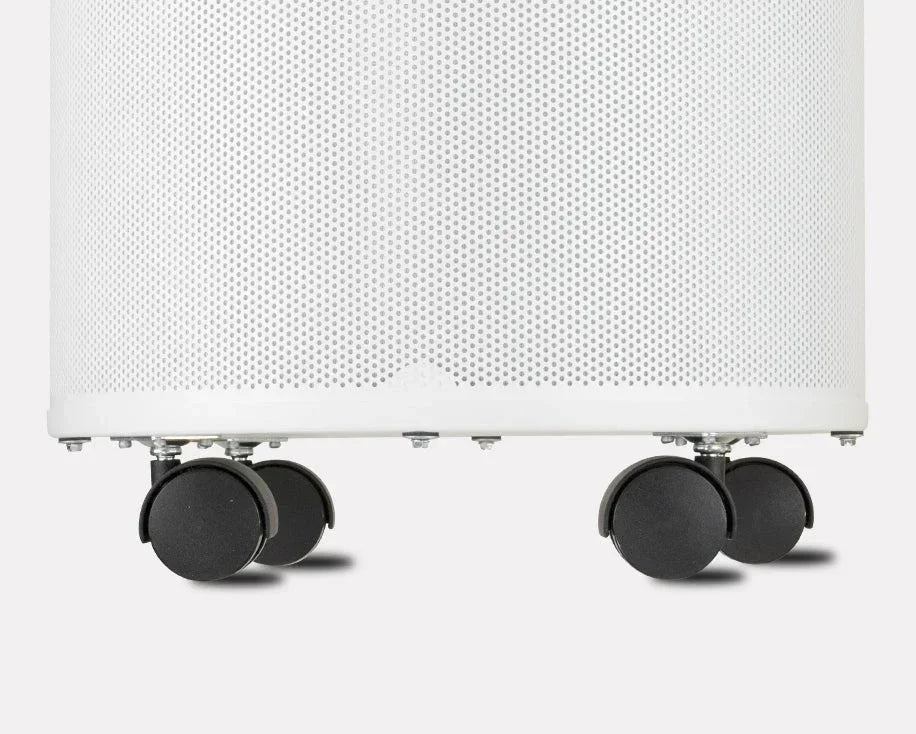 Austin Air white air purifier base with four black caster wheels, mesh body design