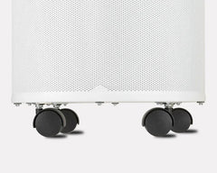 Austin Air white air purifier base with four black caster wheels, mesh body design
