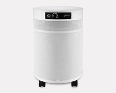 Airpura white cylindrical air purifier on wheels with control panel, front view.