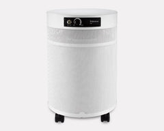 Airpura white cylindrical air purifier on wheels with control panel, front view.