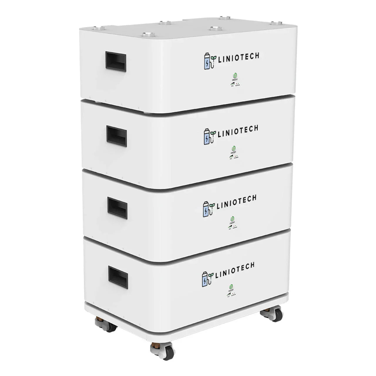 Liniotech white modular battery storage system with four stackable units on wheels