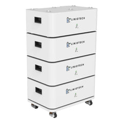 Liniotech white modular battery storage system with four stackable units on wheels