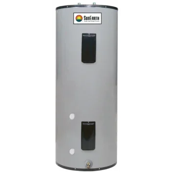 SunEarth cylindrical gray solar water heater tank with black access panels