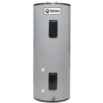 SunEarth cylindrical gray solar water heater tank with black access panels