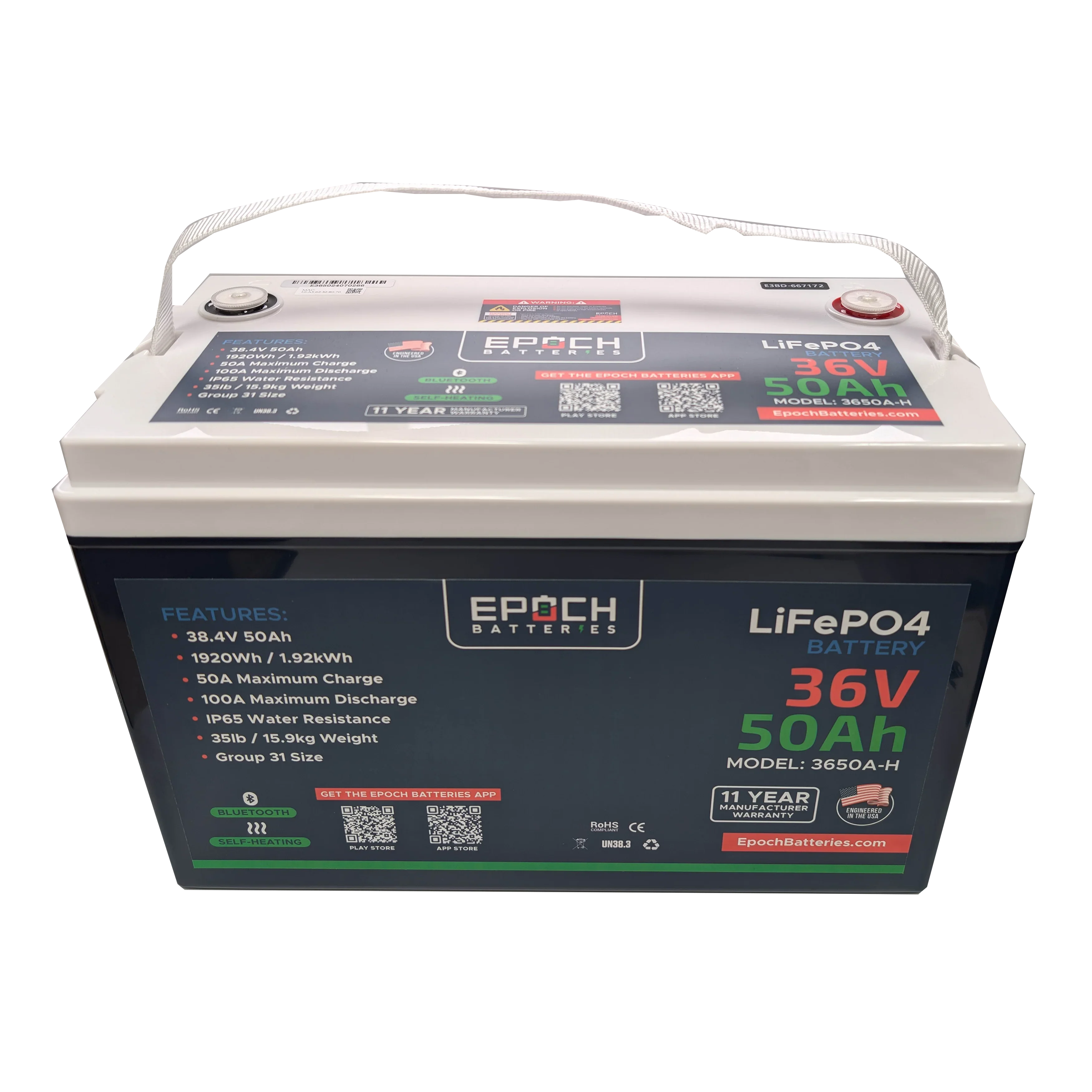 Epoch Batteries 36V 50Ah Essential Series - Bluetooth & Heated LiFePO4 Battery - Green Vista Living