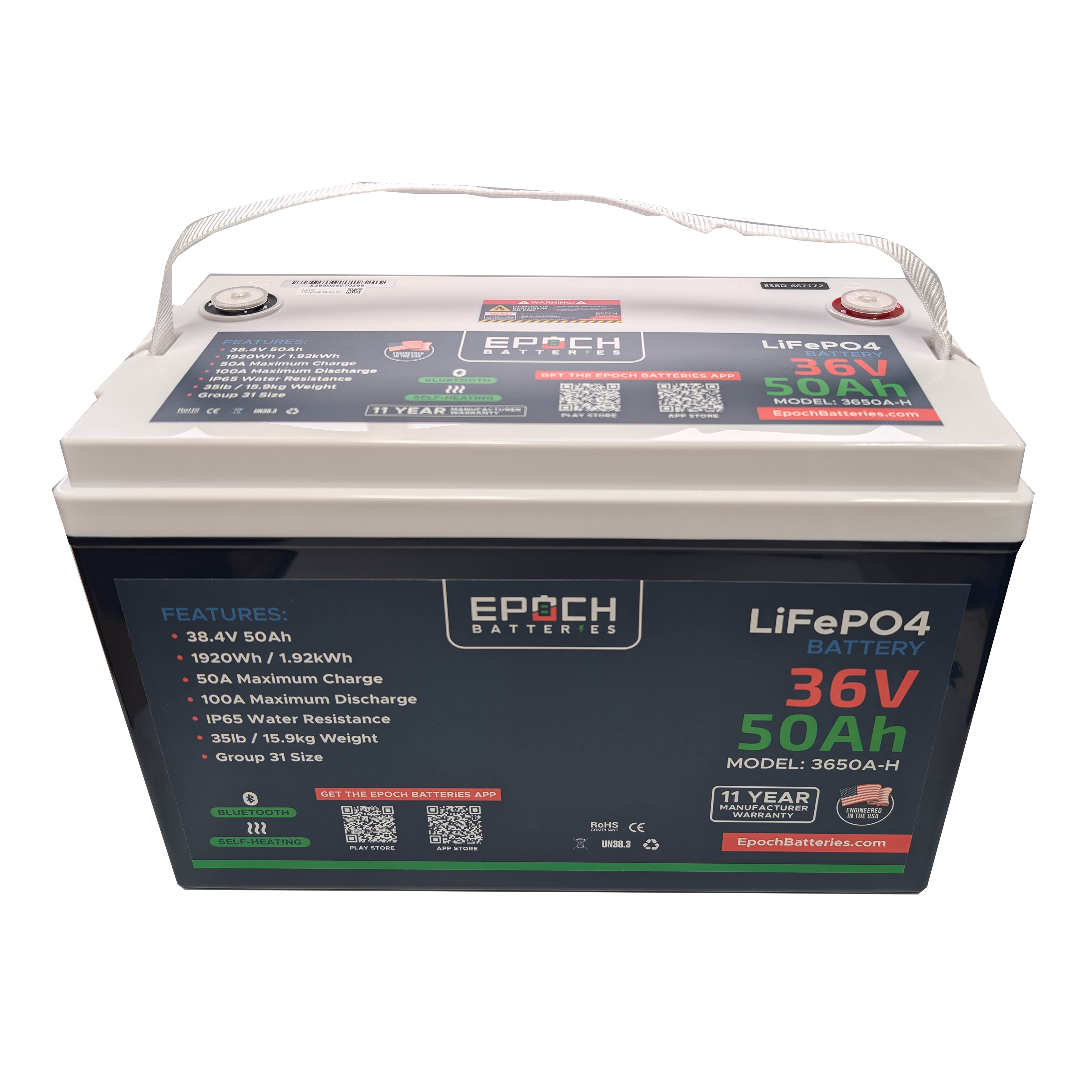 Epoch Batteries 36V 50Ah Essential Series - Bluetooth & Heated LiFePO4 Battery - Green Vista Living
