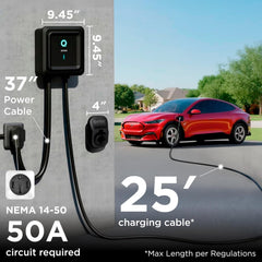 EVIQO Level 2 EV Charger, 40A (9.6kW), 240V, NEMA 14-50 Plug-in, J1772 for Non-Tesla EVs