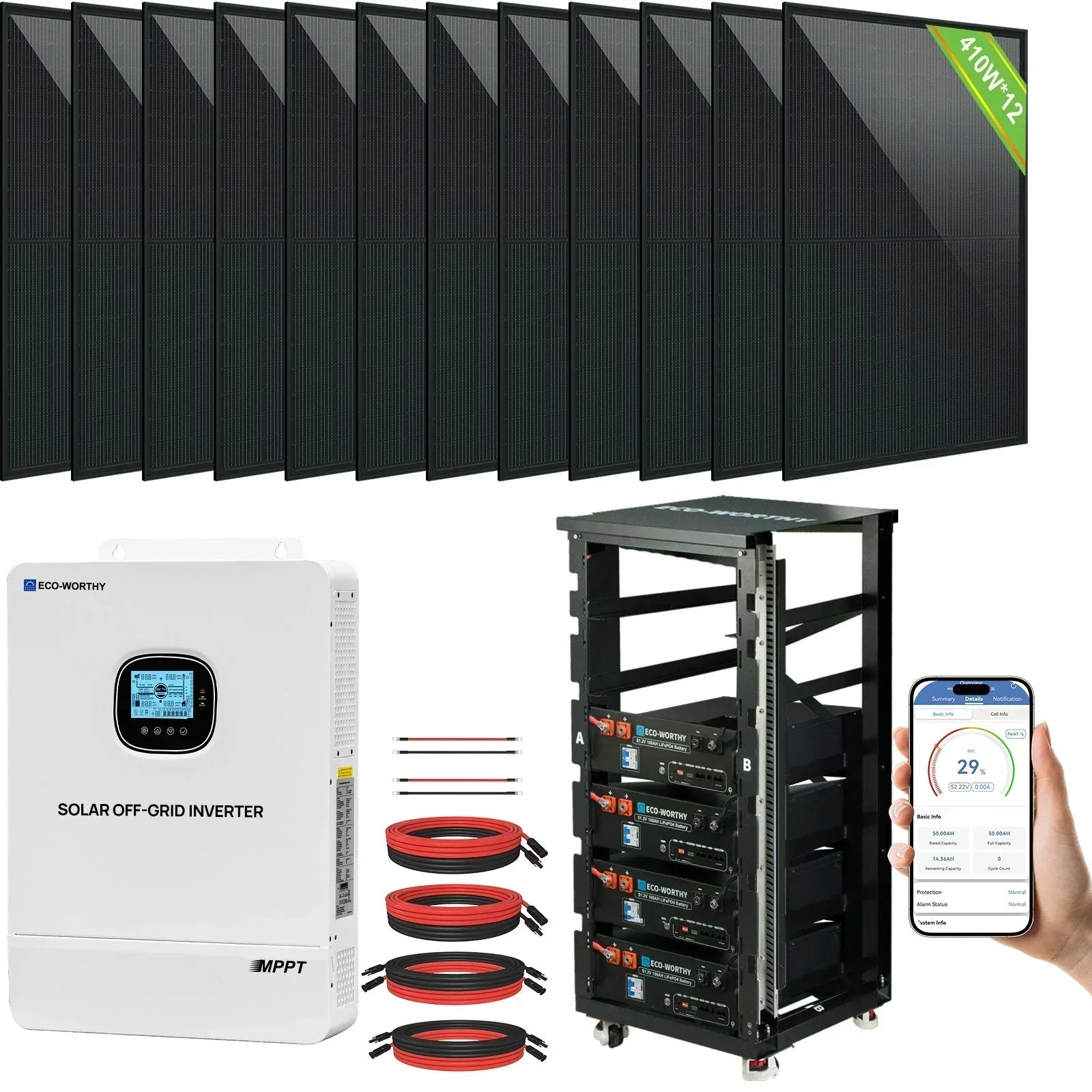 ECO-WORTHY Home Hybrid Solar Power System: 10KW GROWATT 120V/240V Output+ 20.48kWh Lithium Battery (4*48v 100Ah)+ 4920W Solar Panel (12*410W) Eco-Worthy