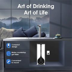 Compact water filtration system under kitchen sink with modern faucet and steaming cup