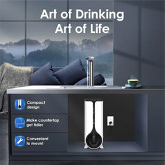 Compact water filtration system under kitchen sink with modern faucet and steaming cup
