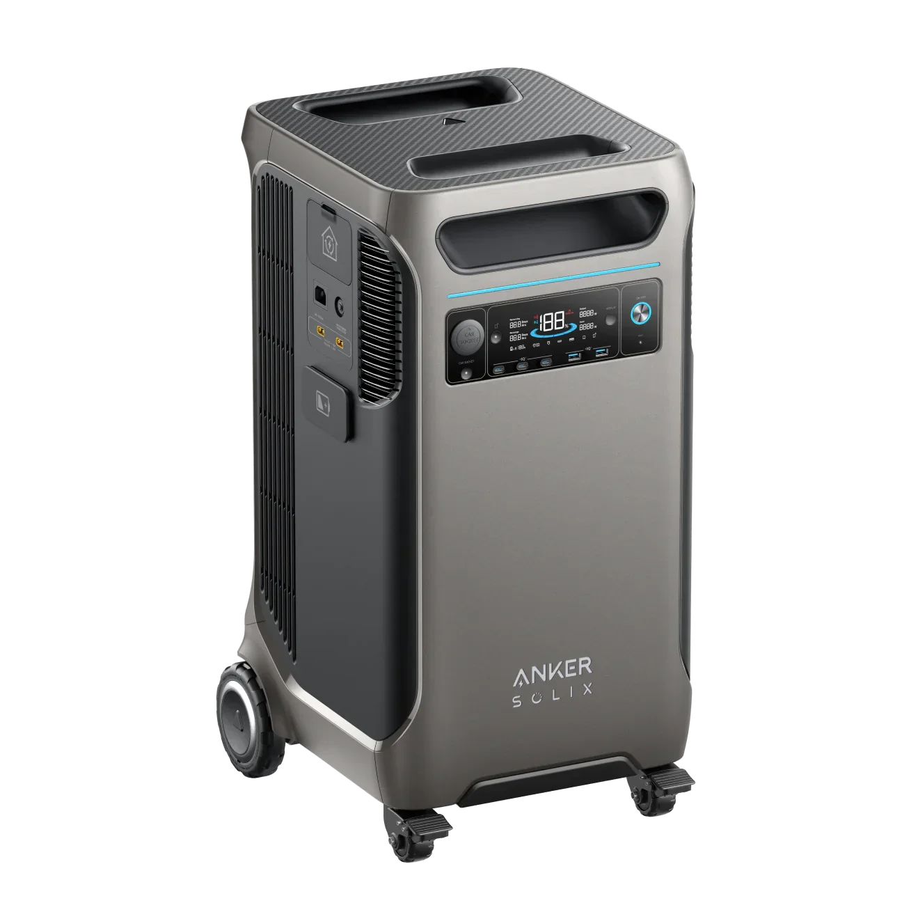 Anker Solix portable power station with digital display, control panel and wheels