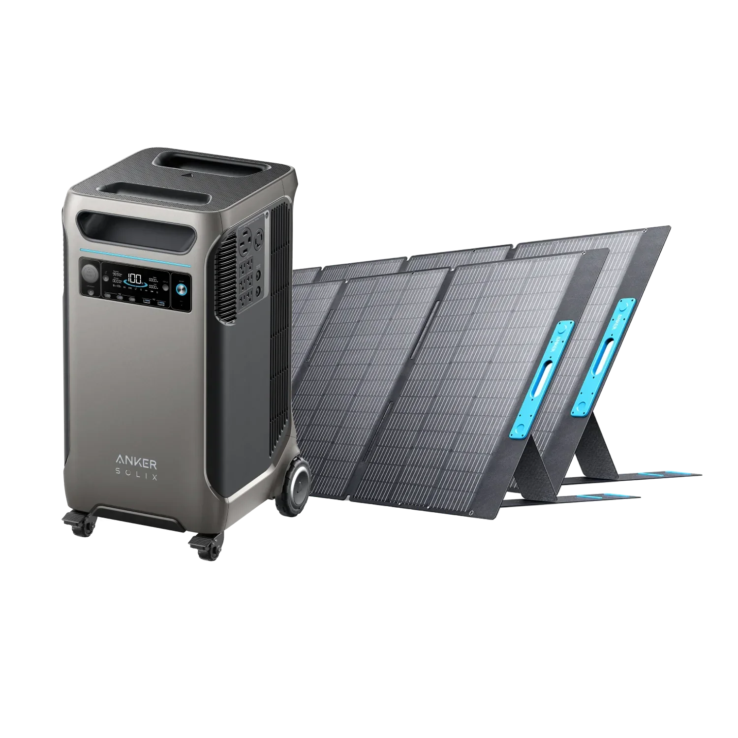Anker portable power station with foldable solar panels, sleek design, digital display