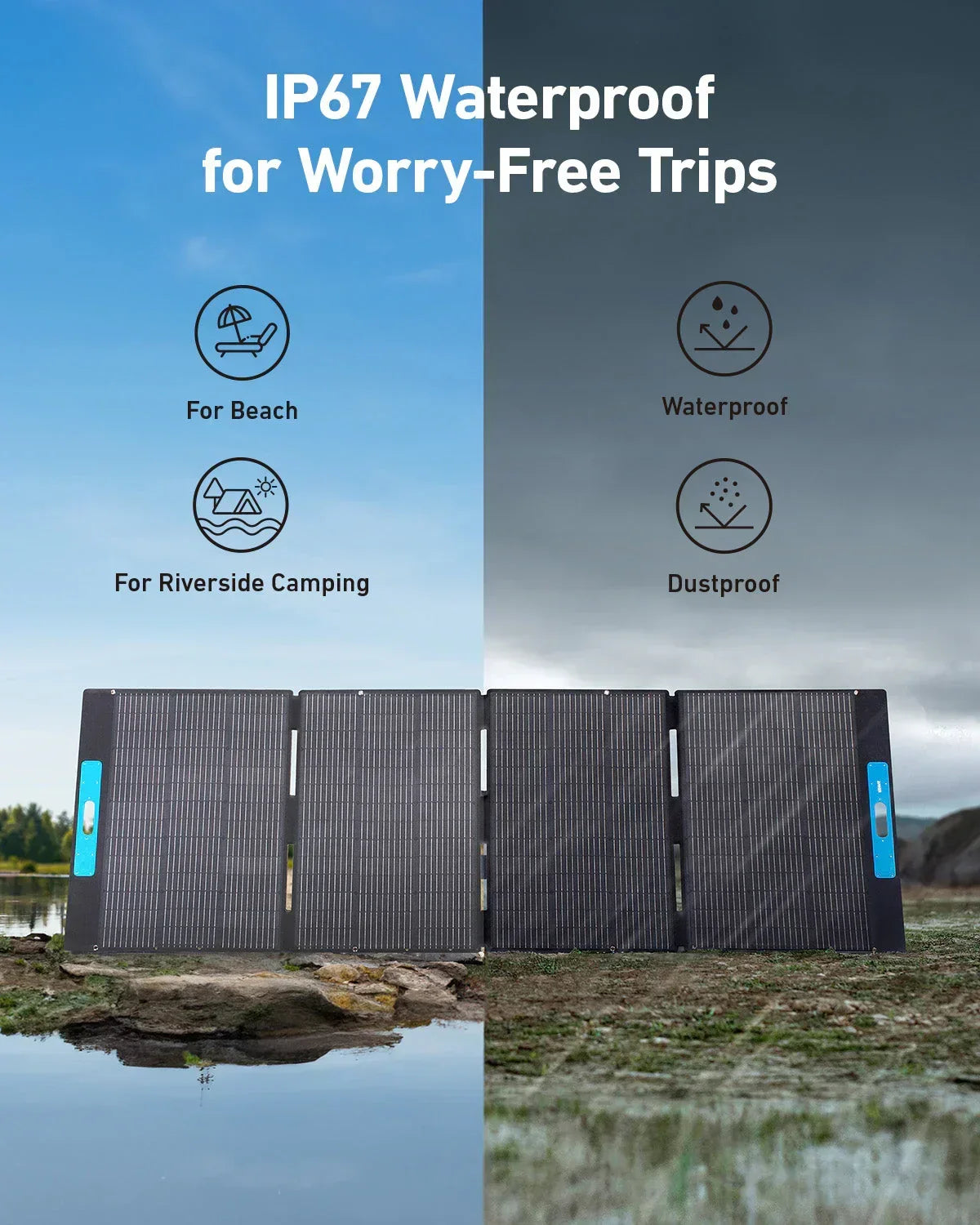 Portable solar panel with waterproof IP67 rating, shown in beach and camping settings.