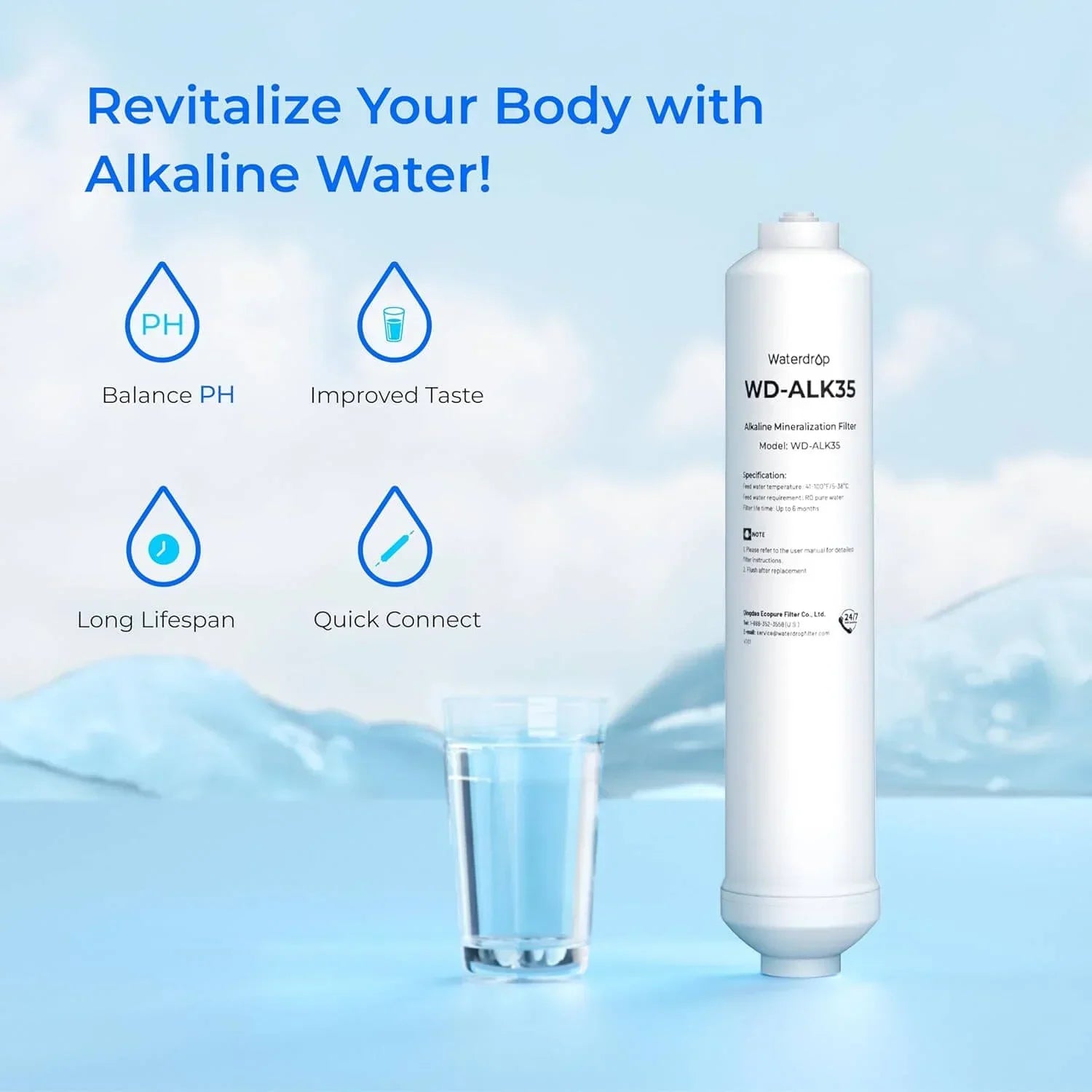 Waterdrop WD-ALK35 alkaline mineralization filter with glass of water, benefits icons