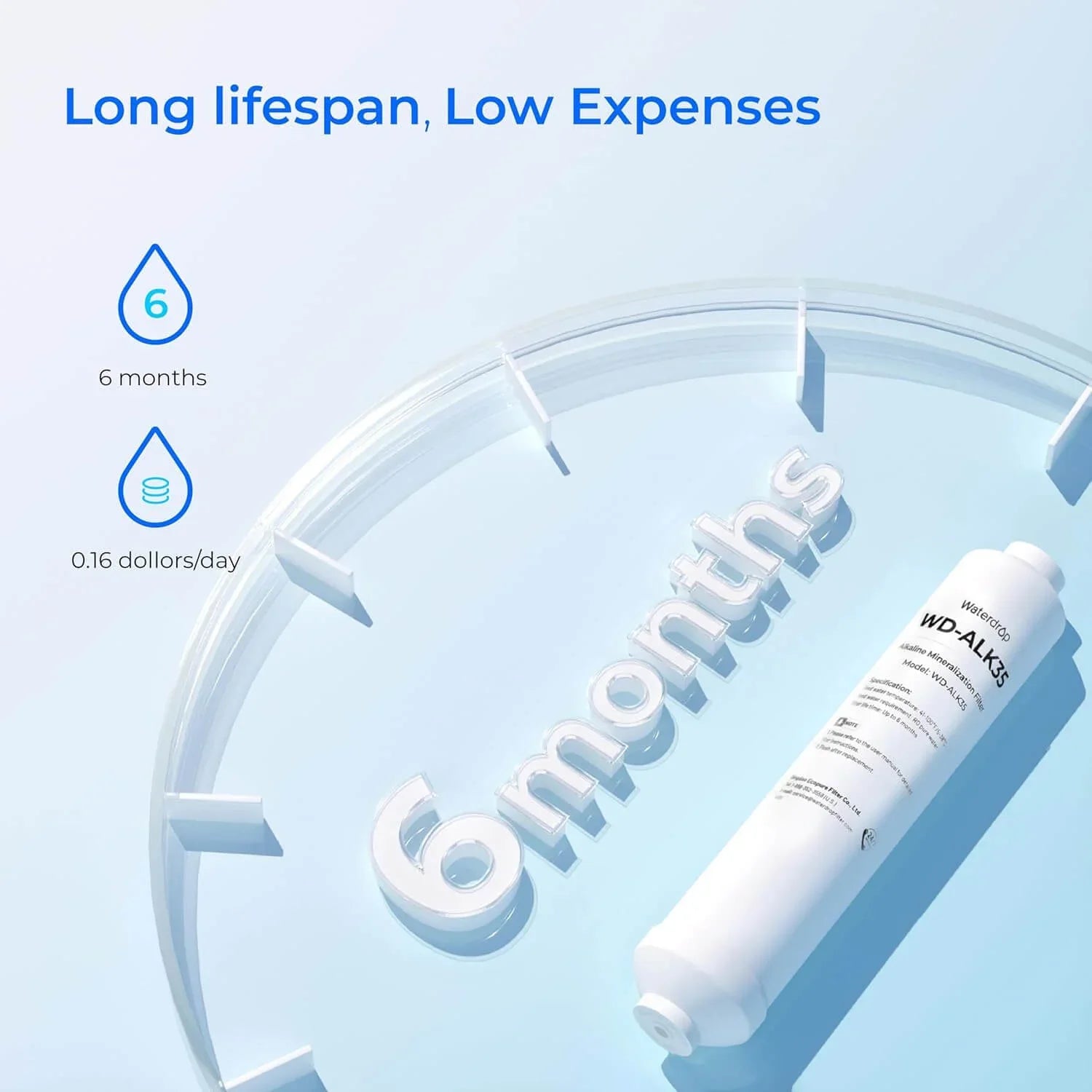 Waterdrop WD-ALK35 water filter cartridge with 6 months lifespan text and icons