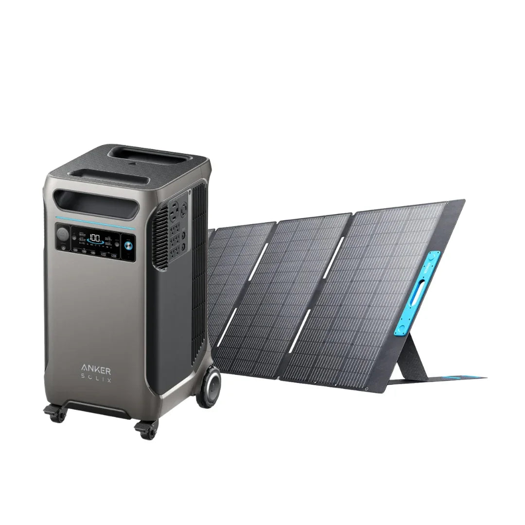 Anker SOLIX portable power station with solar panel, compact design, digital display, wheels
