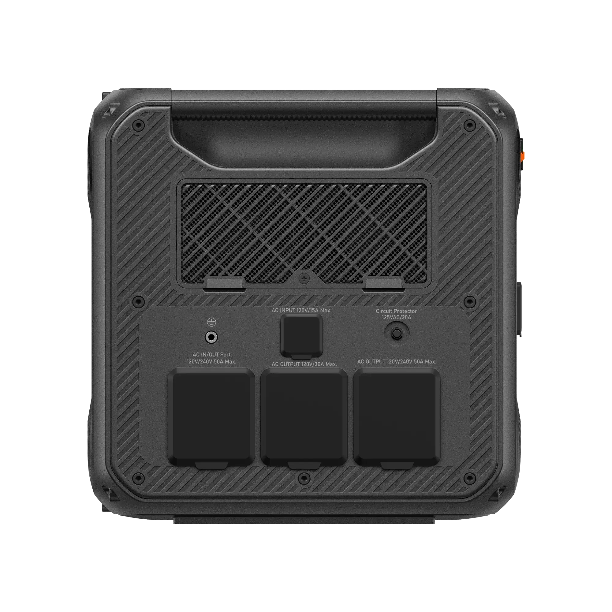 Apex 300 portable power station rear view showing AC input output ports and circuit protector