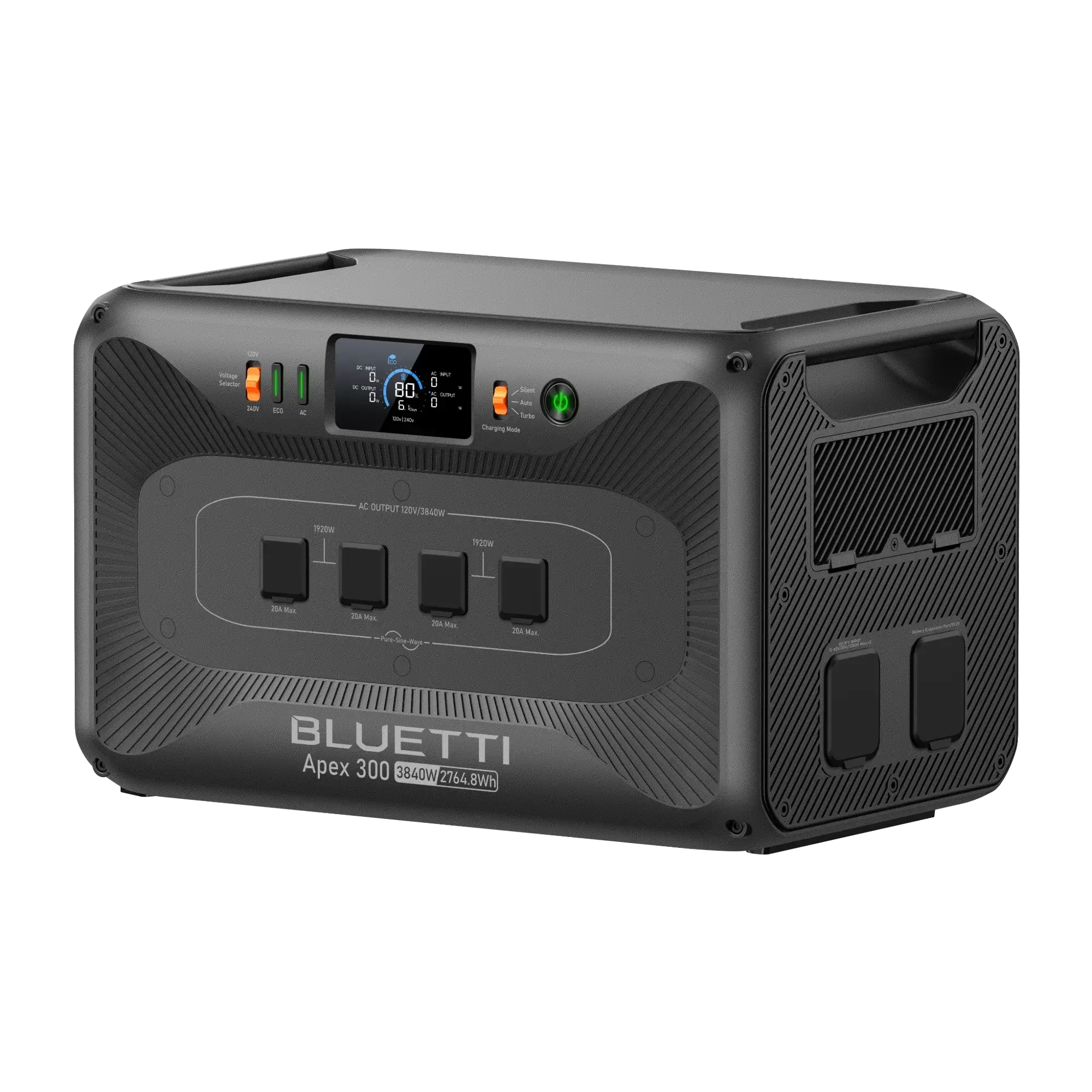 Bluetti Apex 300 portable inverter with digital display and multiple AC outlets, black design