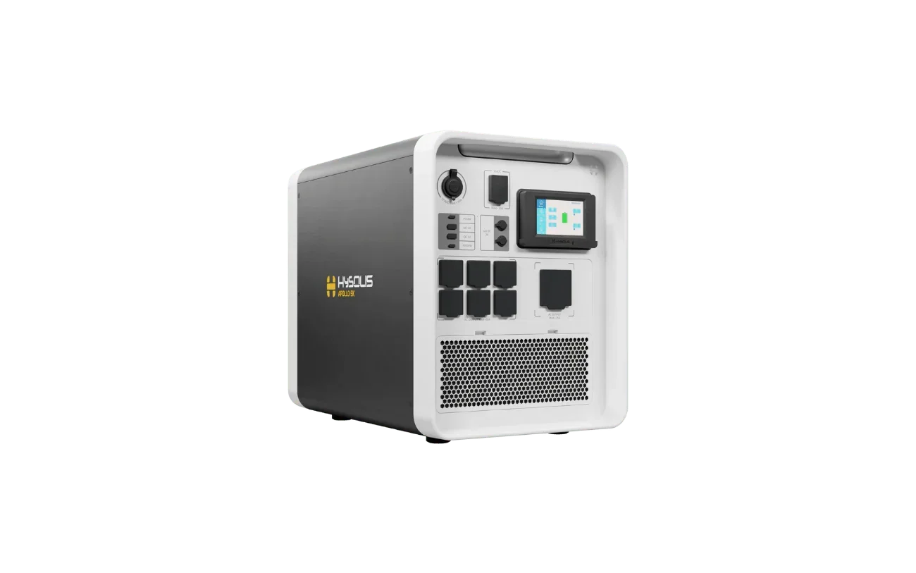 Hysolis Apollo 5K portable inverter with LCD display and multiple outlets on white background