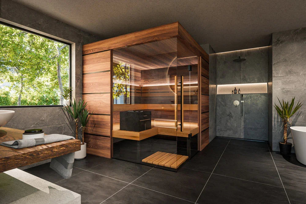 Thermasol Astra - Glass and Wood Panel Corner Layout, 3-4 Person, Indoor Sauna - Green Vista Living