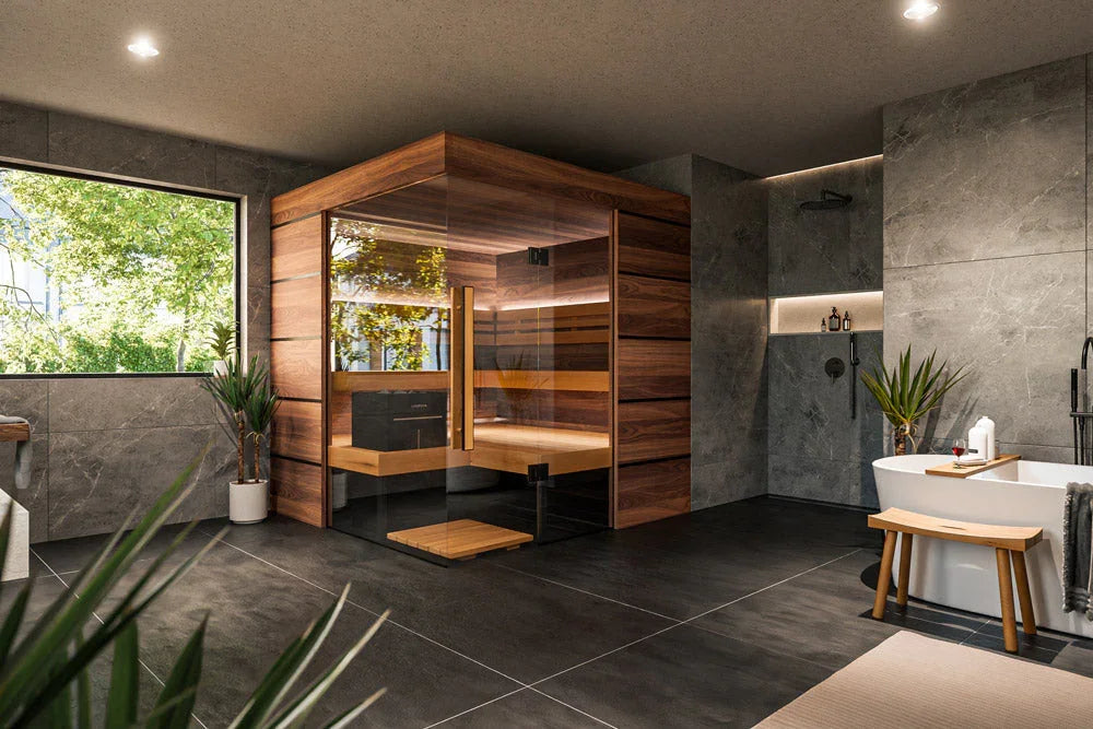 Thermasol Astra - Glass and Wood Panel Corner Layout, 3-4 Person, Indoor Sauna - Green Vista Living