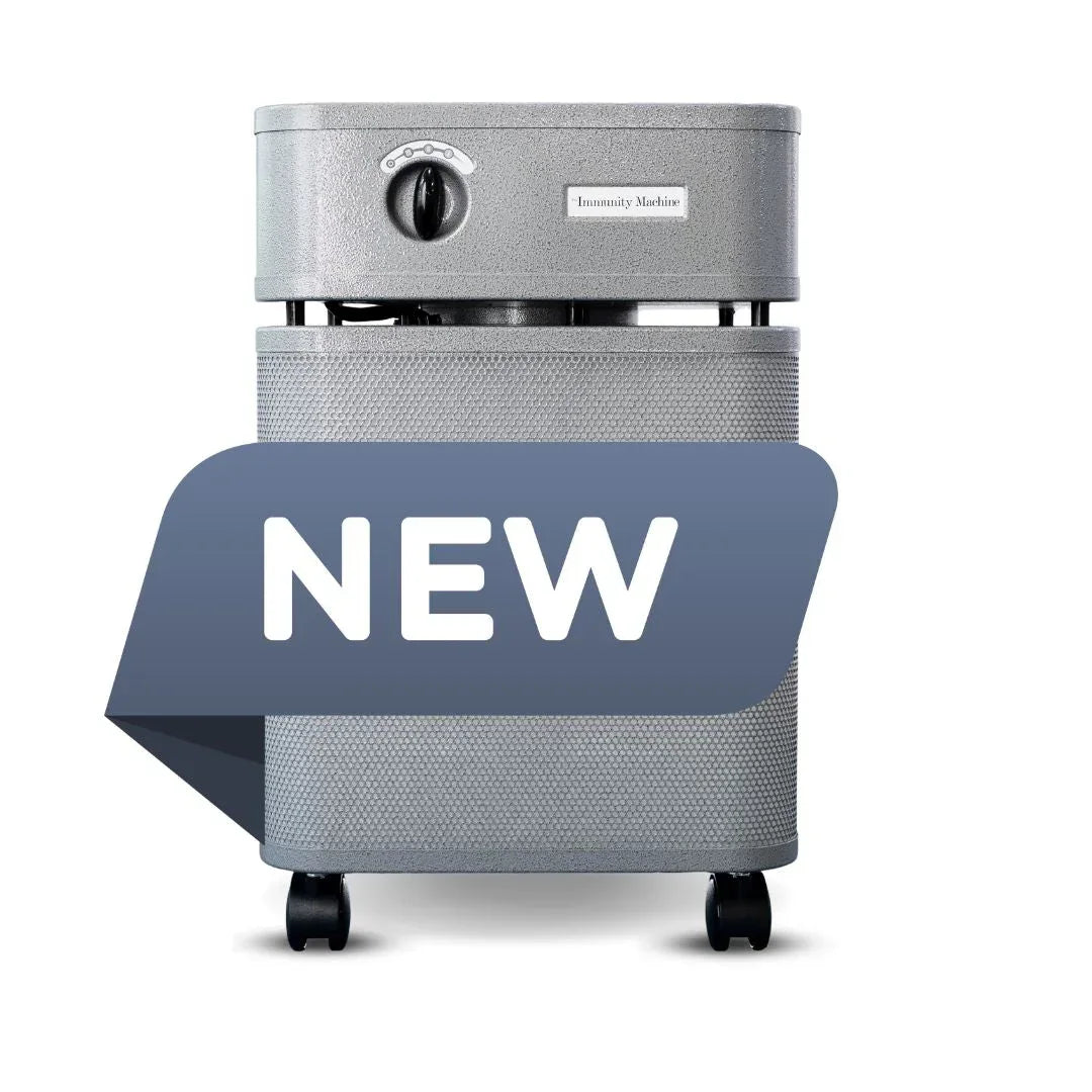 Austin Air Immunity Machine graphite air purifier with control knob and new product banner