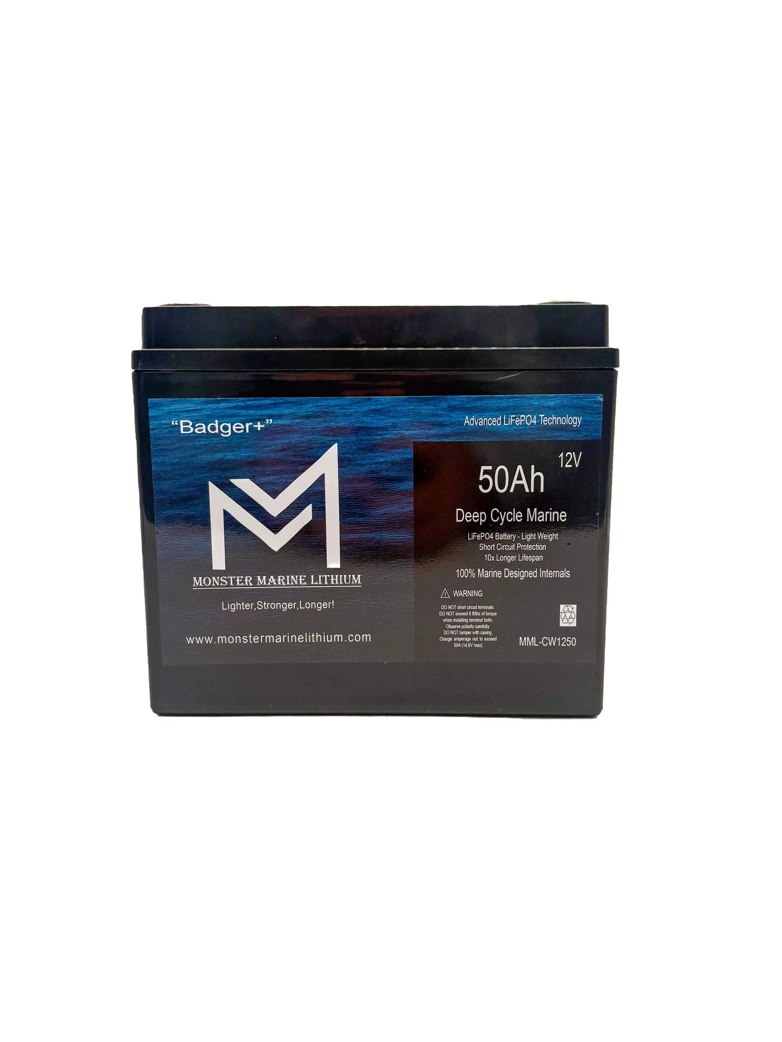 Monster Marine Lithium Badger 12V 50Ah deep cycle marine battery front view