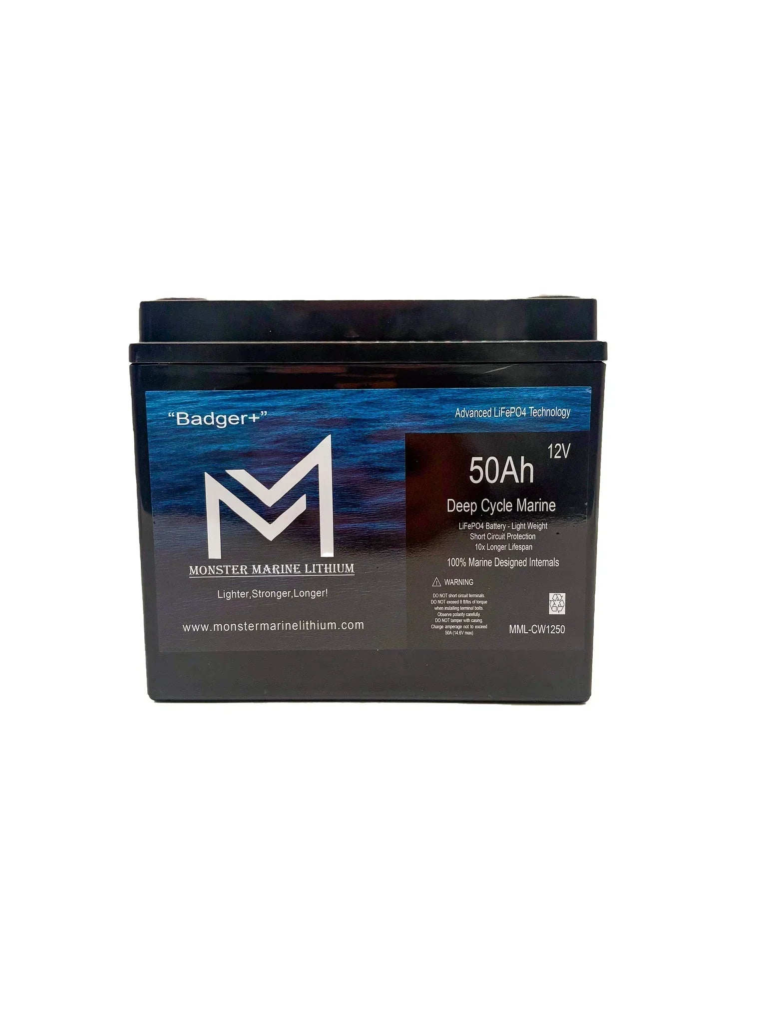 Monster Marine Lithium Badger 12V 50Ah deep cycle marine battery front view