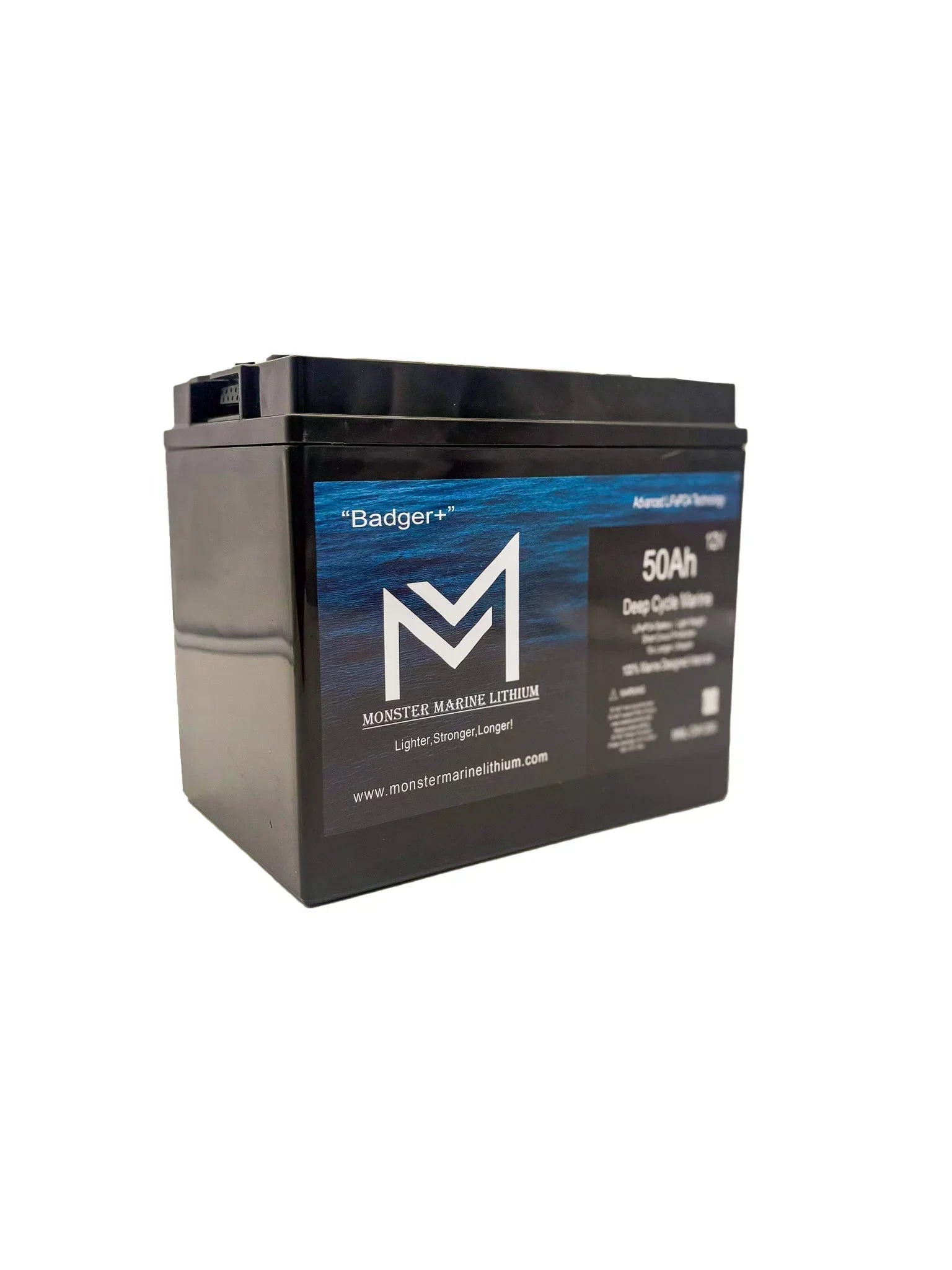 Monster Marine Lithium 12V 50Ah deep cycle battery with black casing and blue label