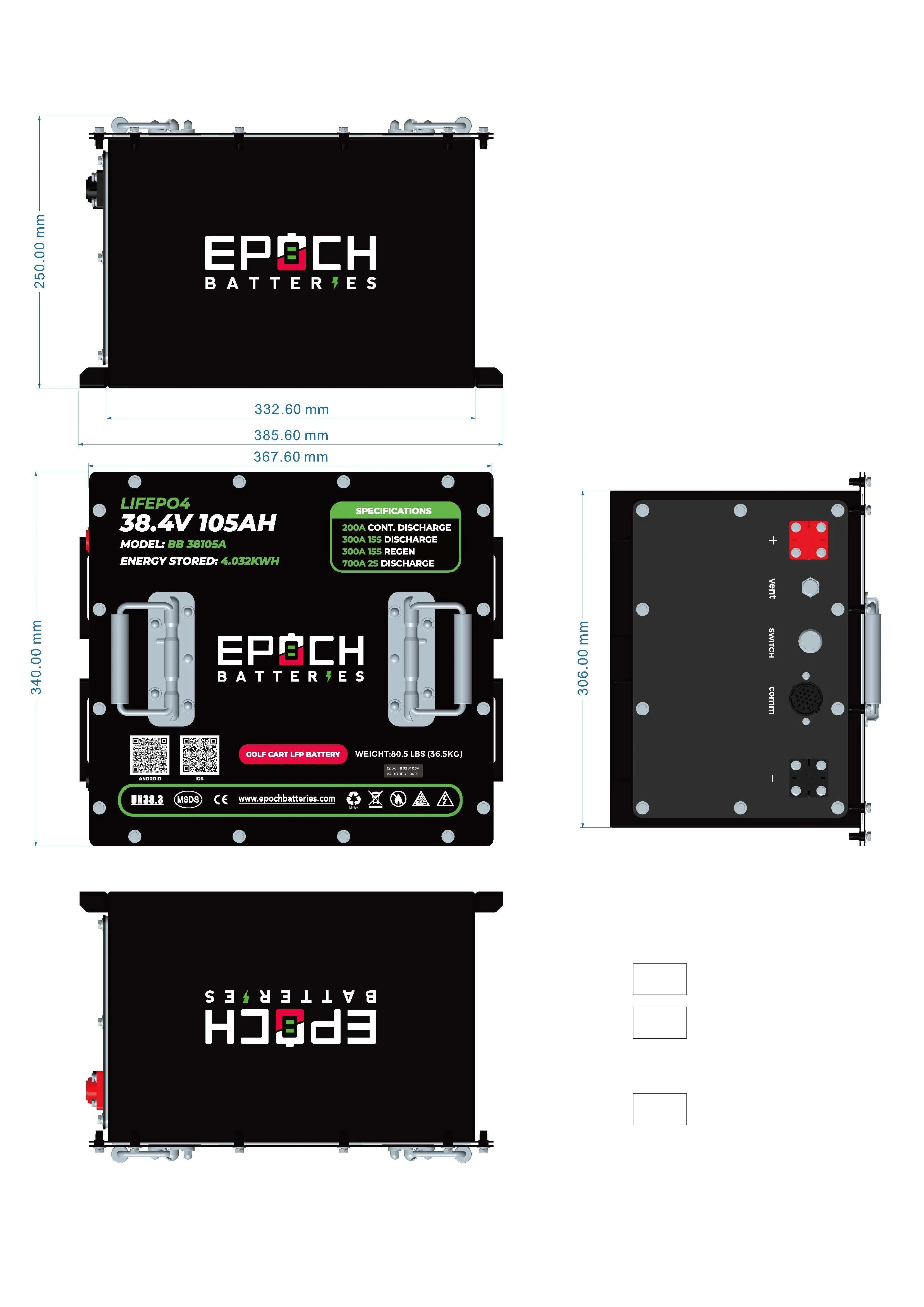 Epoch 36V 105Ah Lithium (LiFePO4) Golf Cart Battery - Complete Kit - Green Vista Living