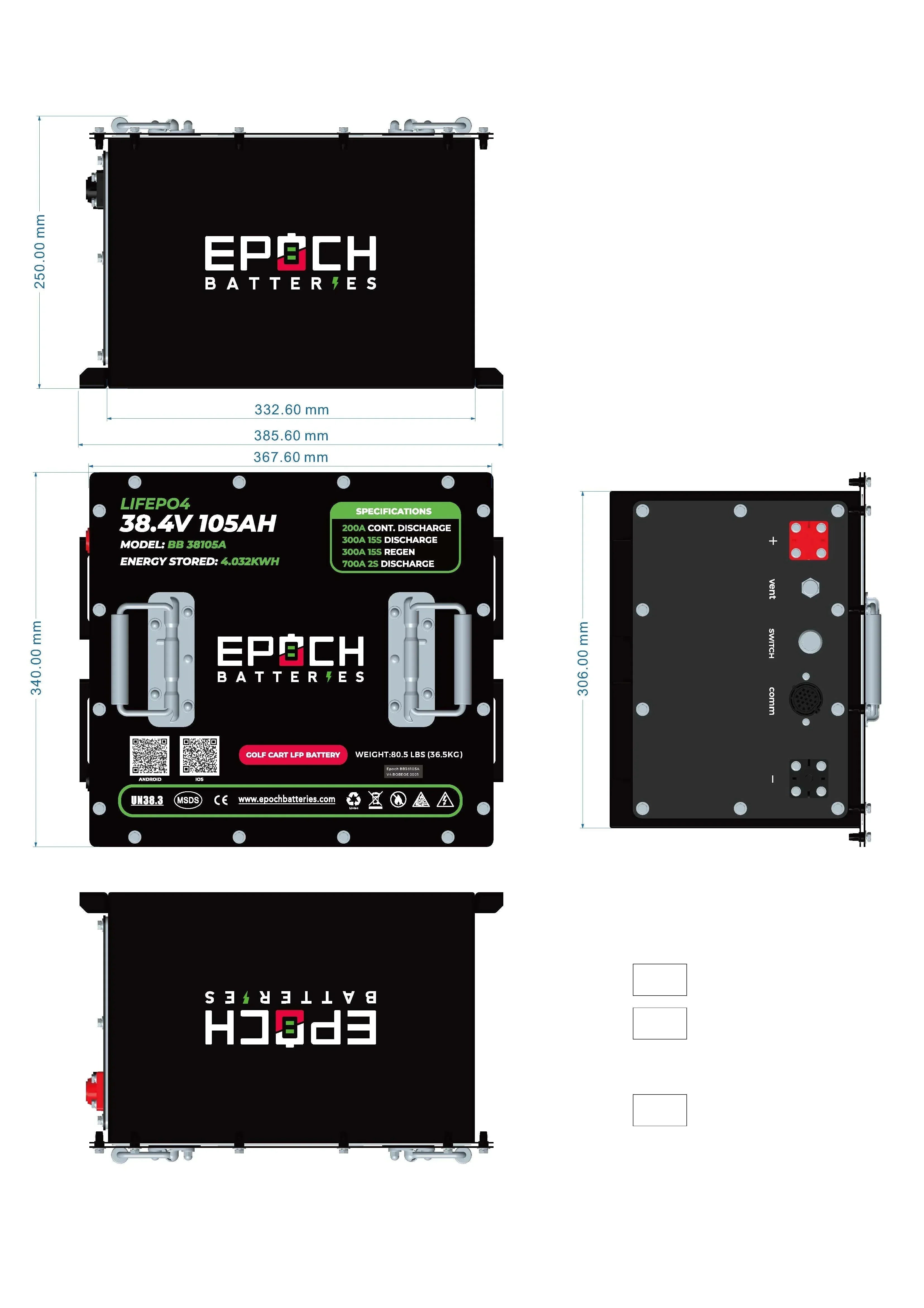 Epoch 36V 105Ah Lithium (LiFePO4) Golf Cart Battery - Complete Kit - Green Vista Living