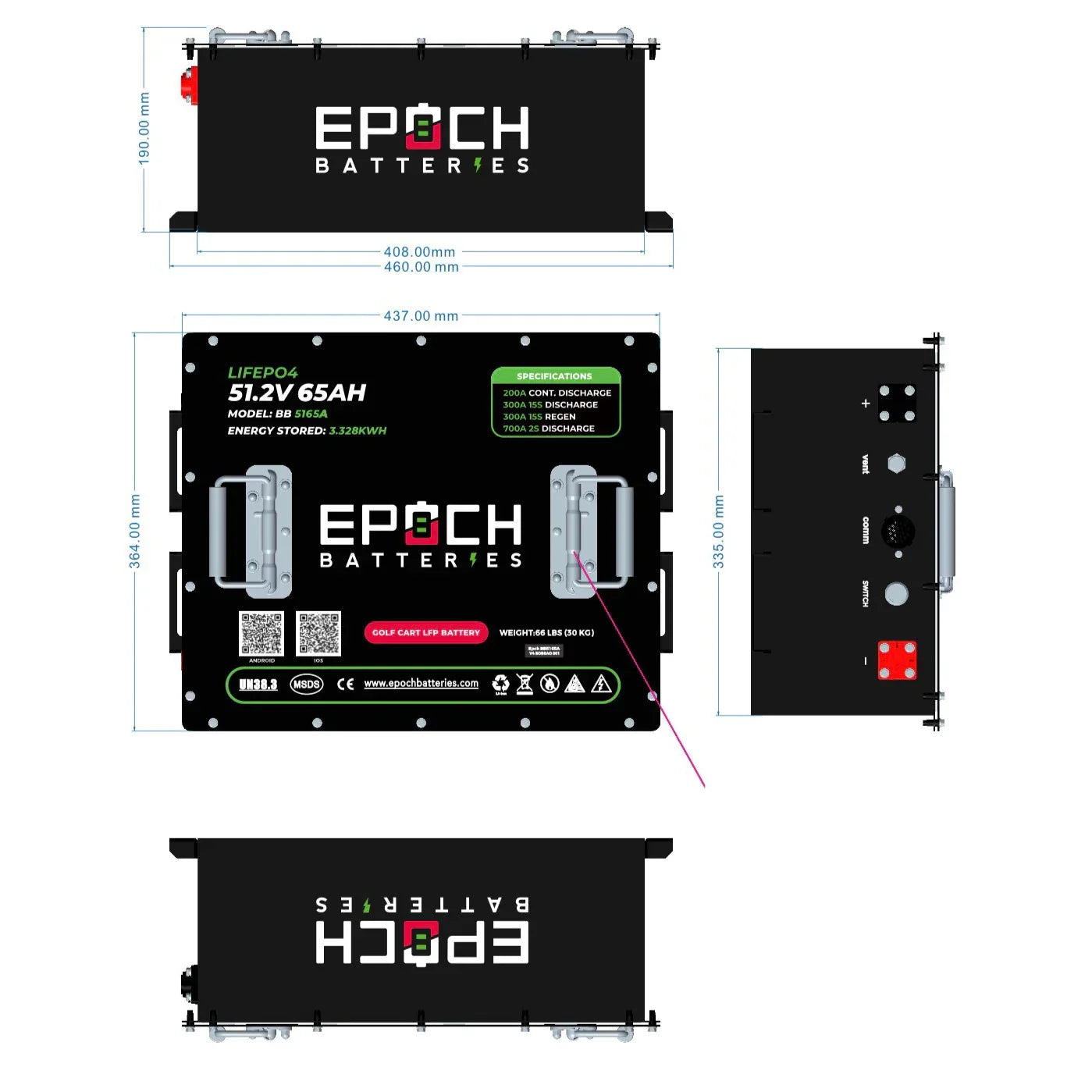 Epoch Batteries 48V 65Ah - LiMax Series - Lithium (LiFePO4) Golf Cart Battery - Complete Kit Epoch Batteries