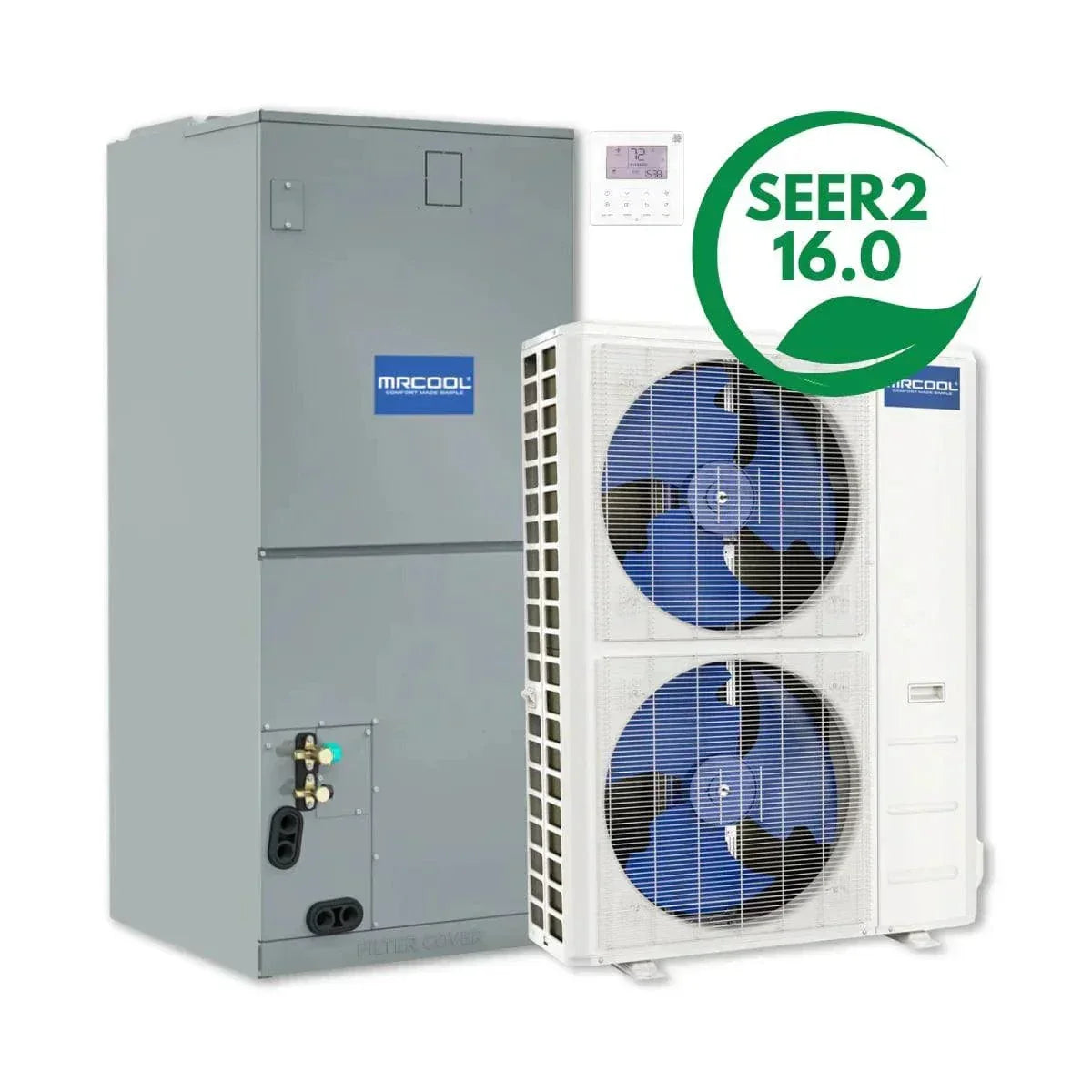 MRCOOL central heat pump system with SEER2 16.0 rating, indoor and outdoor units