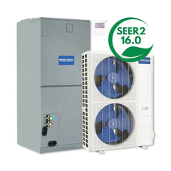 MRCOOL central heat pump system with SEER2 16.0 rating, indoor and outdoor units
