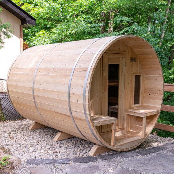 Dundalk Leisurecraft Canadian Timber 4-5 Person Tranquility Outdoor Traditional Barrel Sauna - Green Vista Living