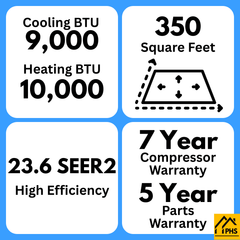 PHHS 9,000 BTU cooling, 10,000 BTU heating, 350 sq ft, 23.6 SEER2, 7-year compressor warranty, 5-year parts warranty.