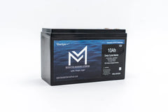 Monster Marine Lithium 10Ah 12V deep cycle marine battery with blue label on white background